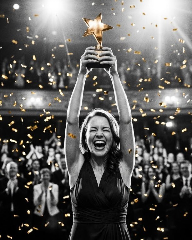 A winner lifting the trophy overhead in a shower of gold confetti