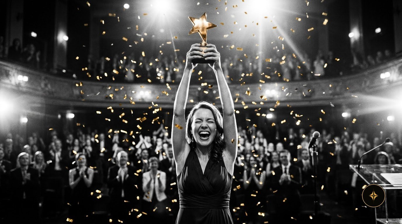 A winner lifting the trophy as confetti falls