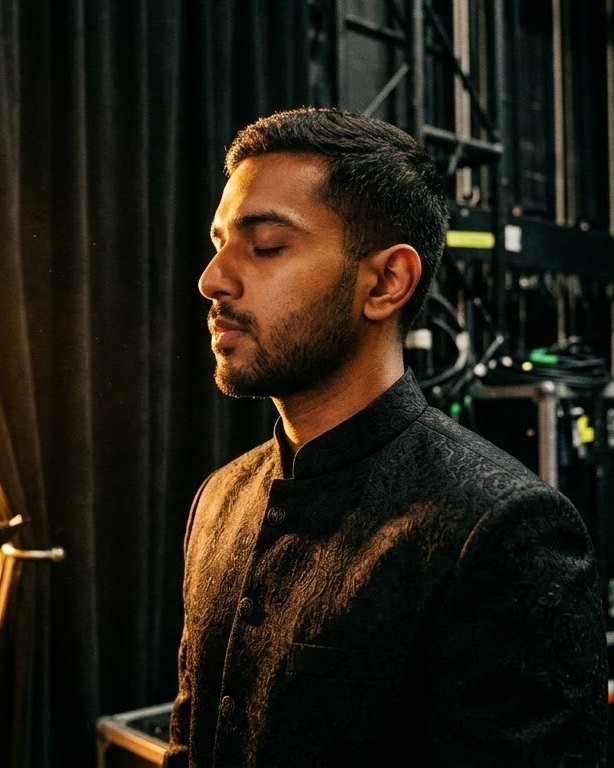 A creator backstage, eyes closed, a moment before walking on