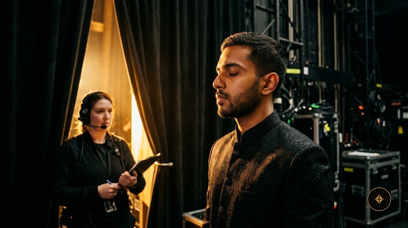 A creator backstage with his eyes closed
