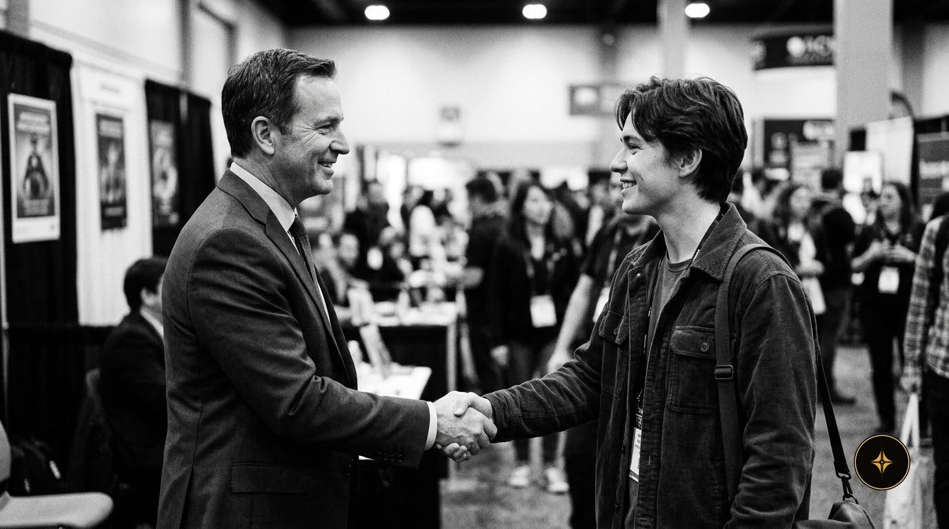 A brand representative and a creator shaking hands at the expo