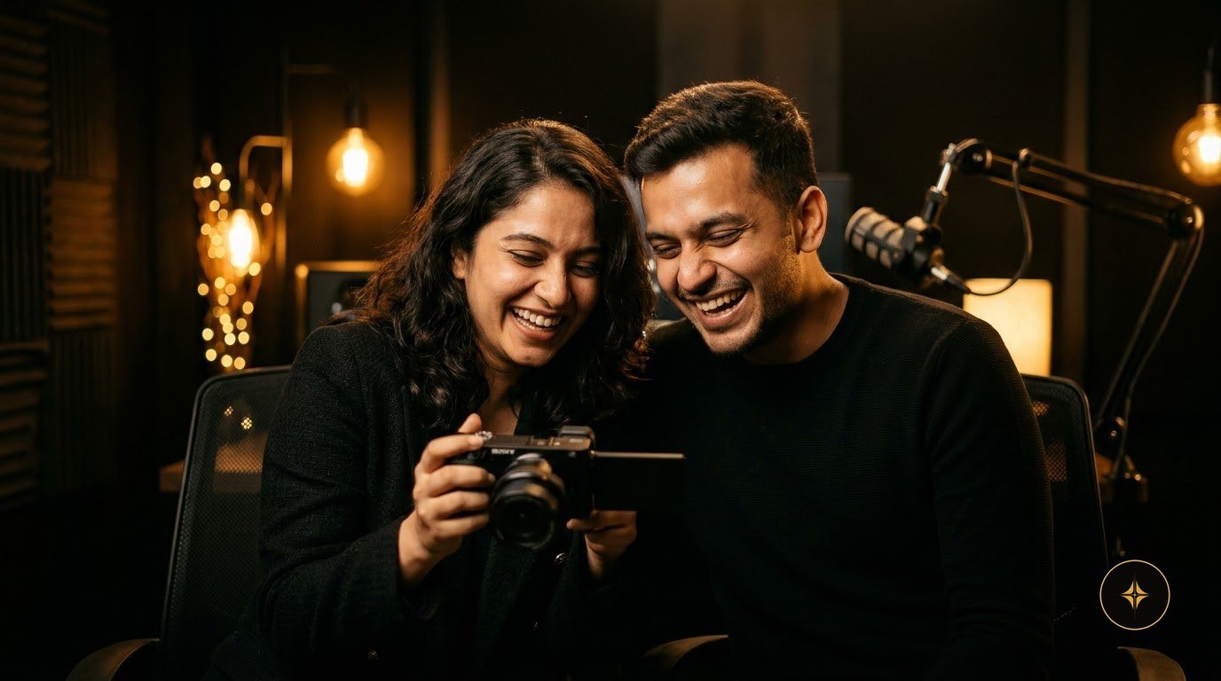 Two creators laughing over a shot on a camera