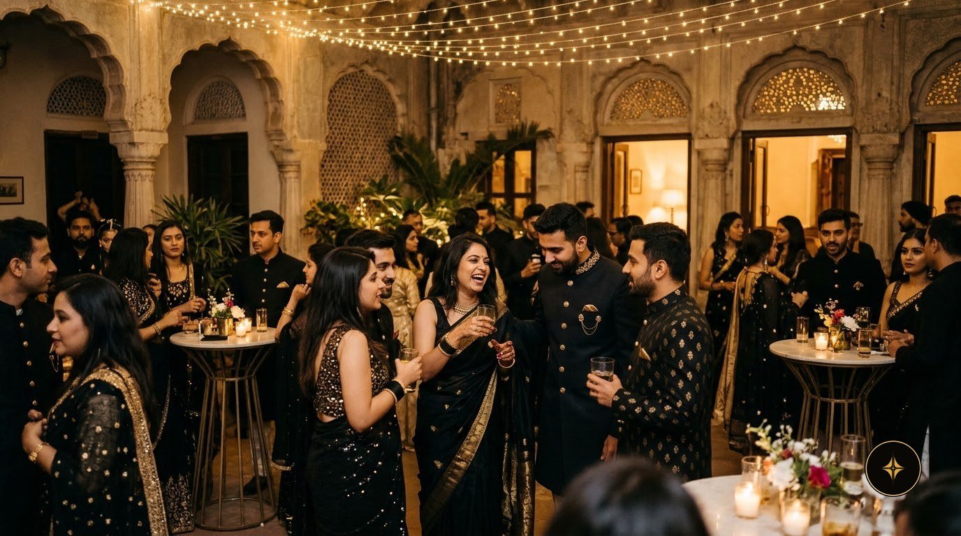 Guests at an evening reception under string lights