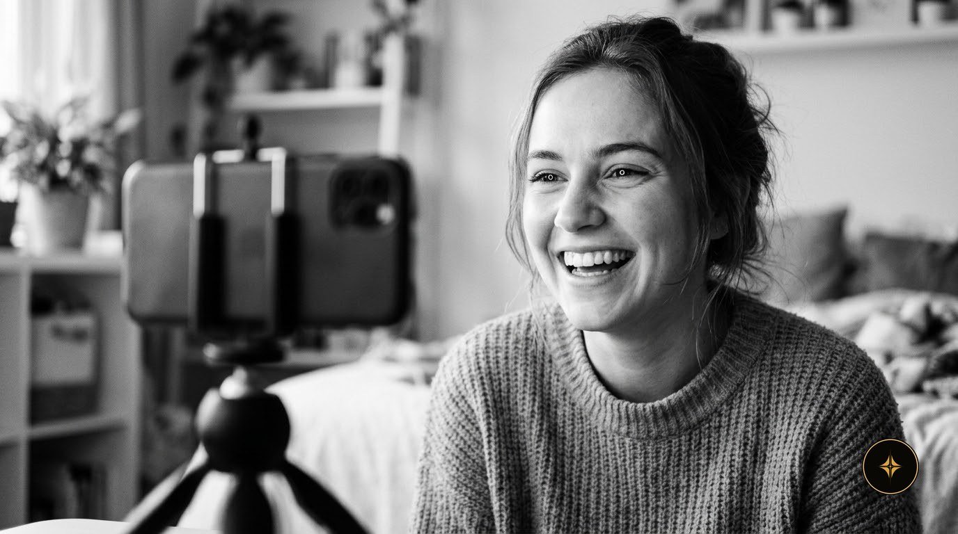 A creator laughing as she films herself on her phone