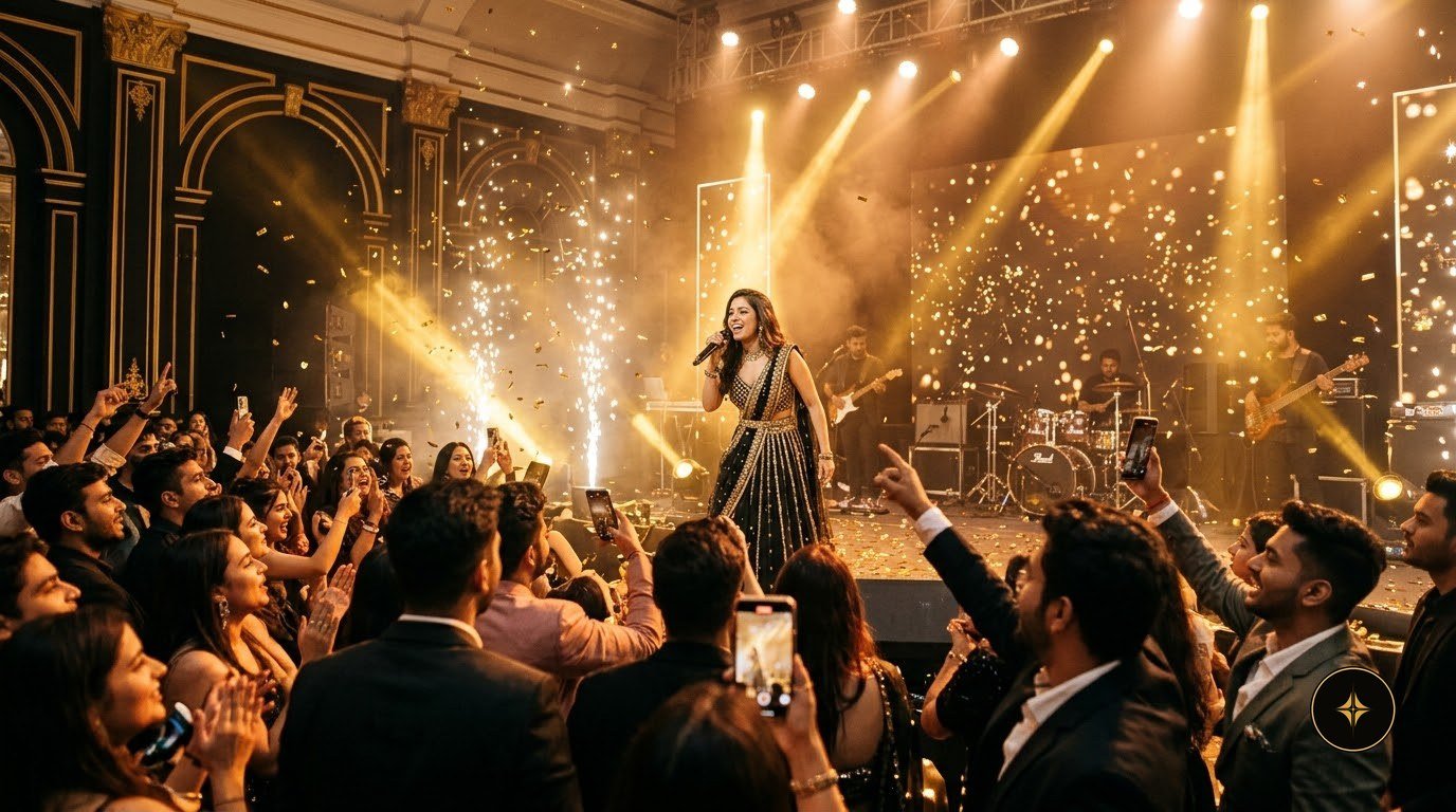 A singer performing as the crowd cheers