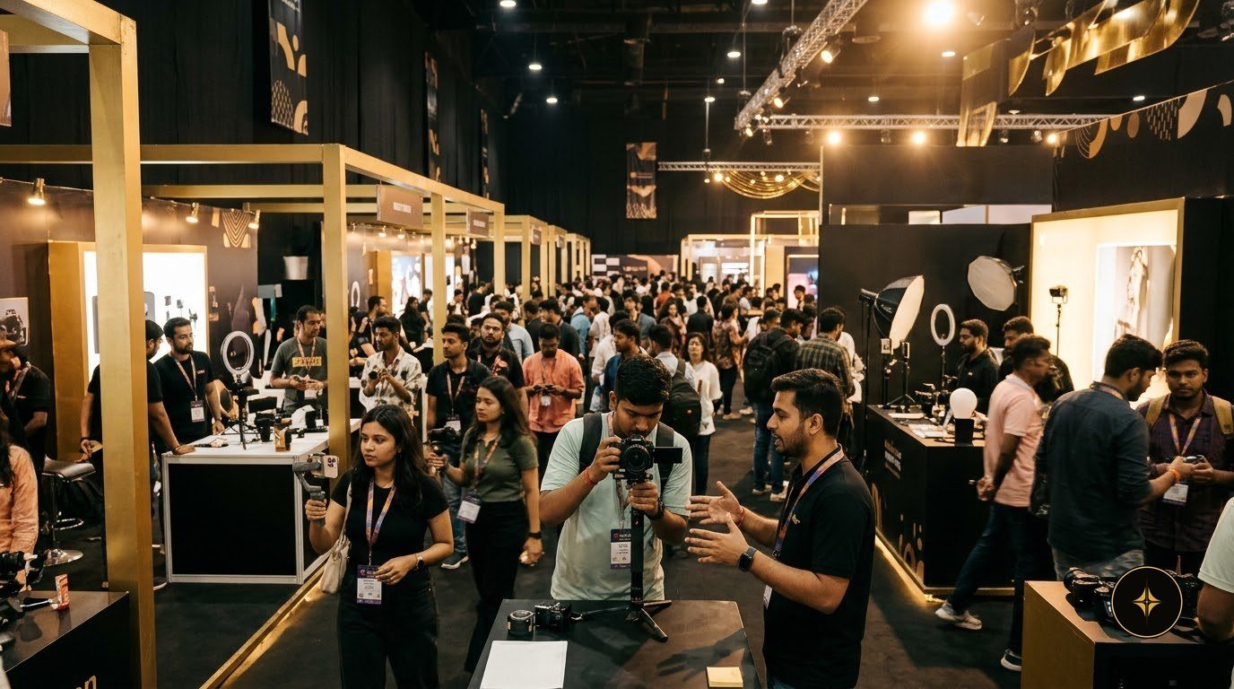 Visitors at black-and-gold expo booths