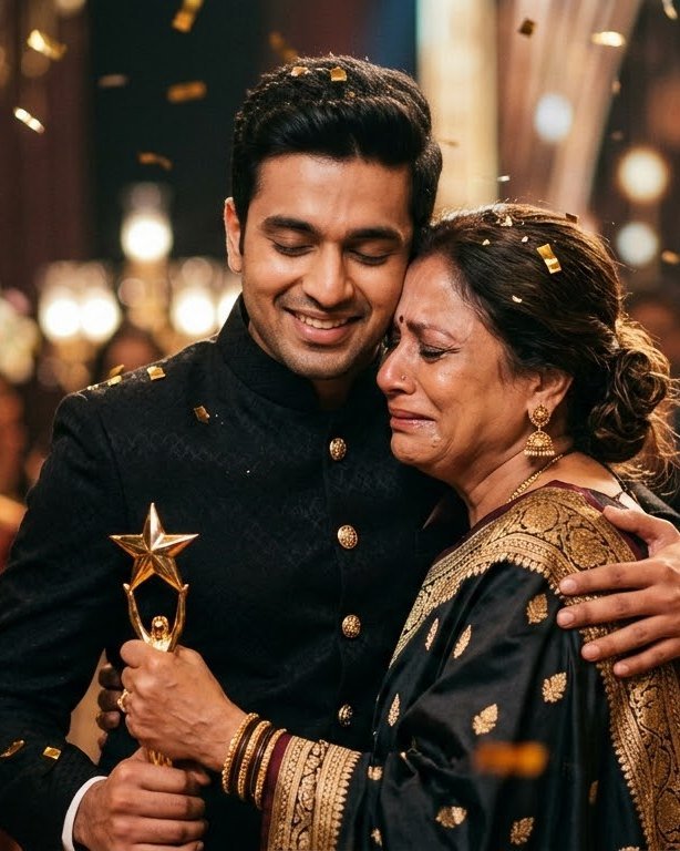A winner holding the star trophy as his mother hugs him in tears, confetti falling