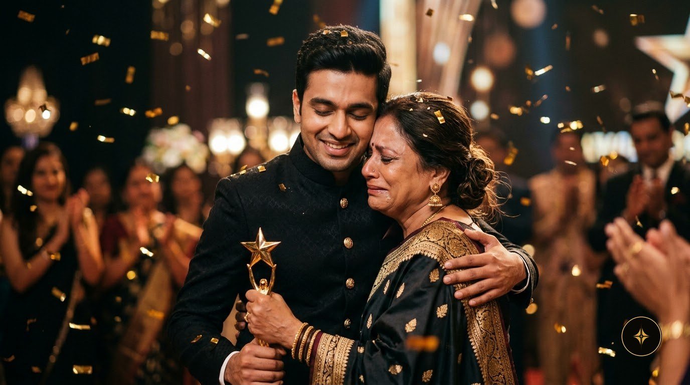 A winner hugged by his mother, trophy in hand