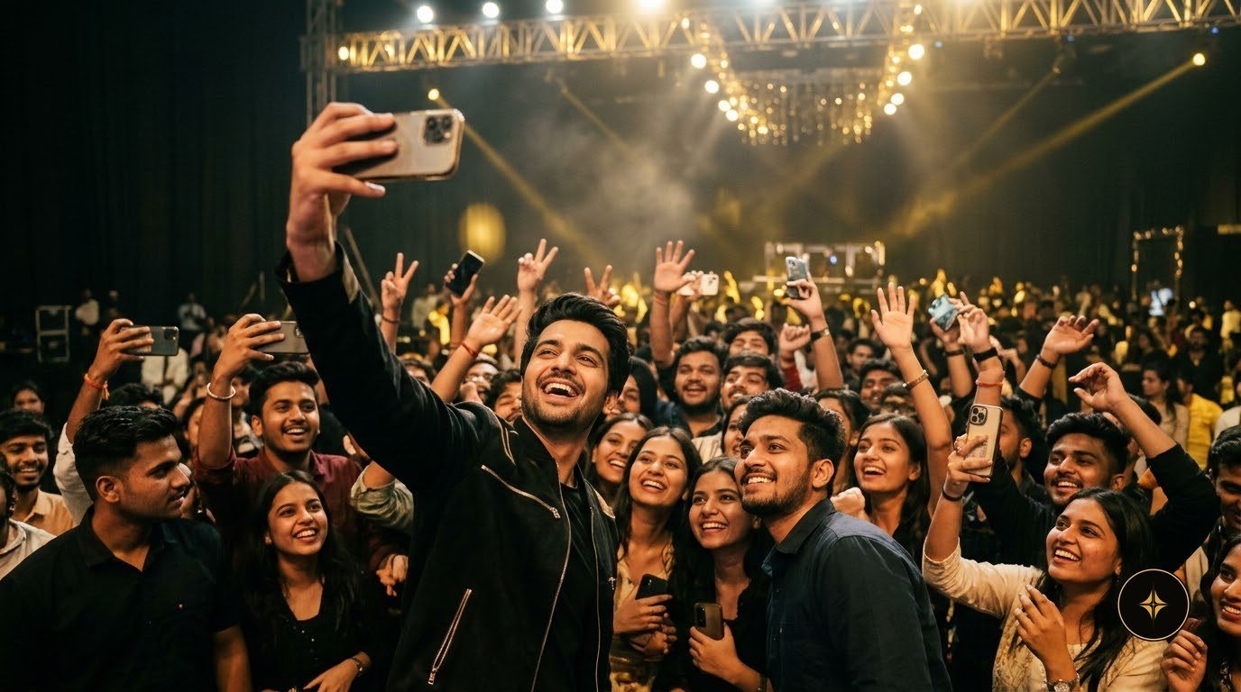 A creator taking a selfie with a cheering crowd