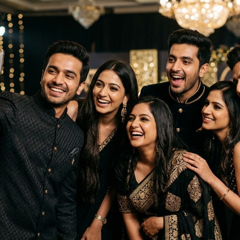 Six young creators squeezing into one selfie
