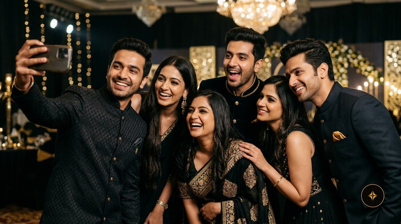 Six creators taking a selfie together