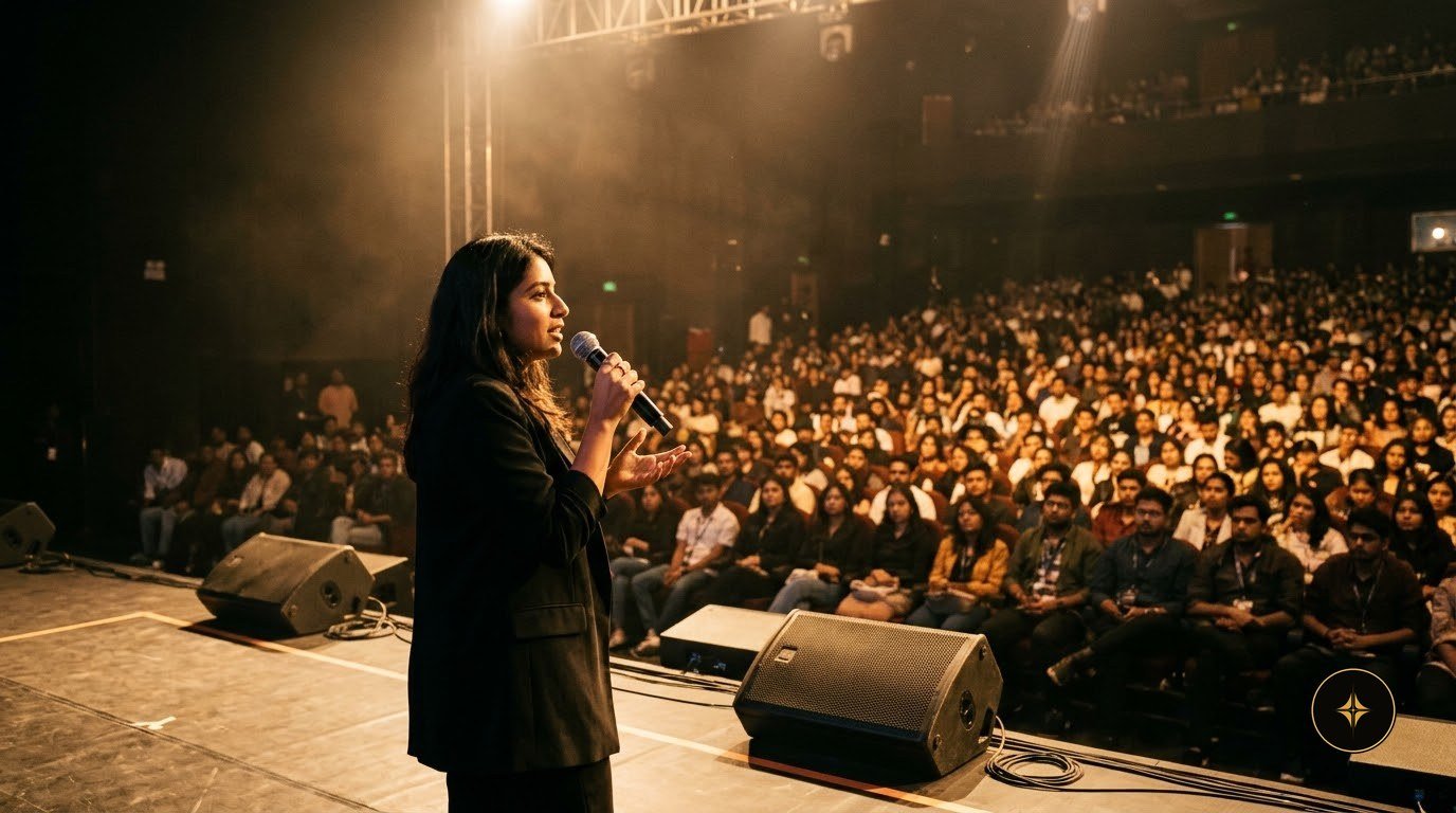 A speaker addressing a packed hall