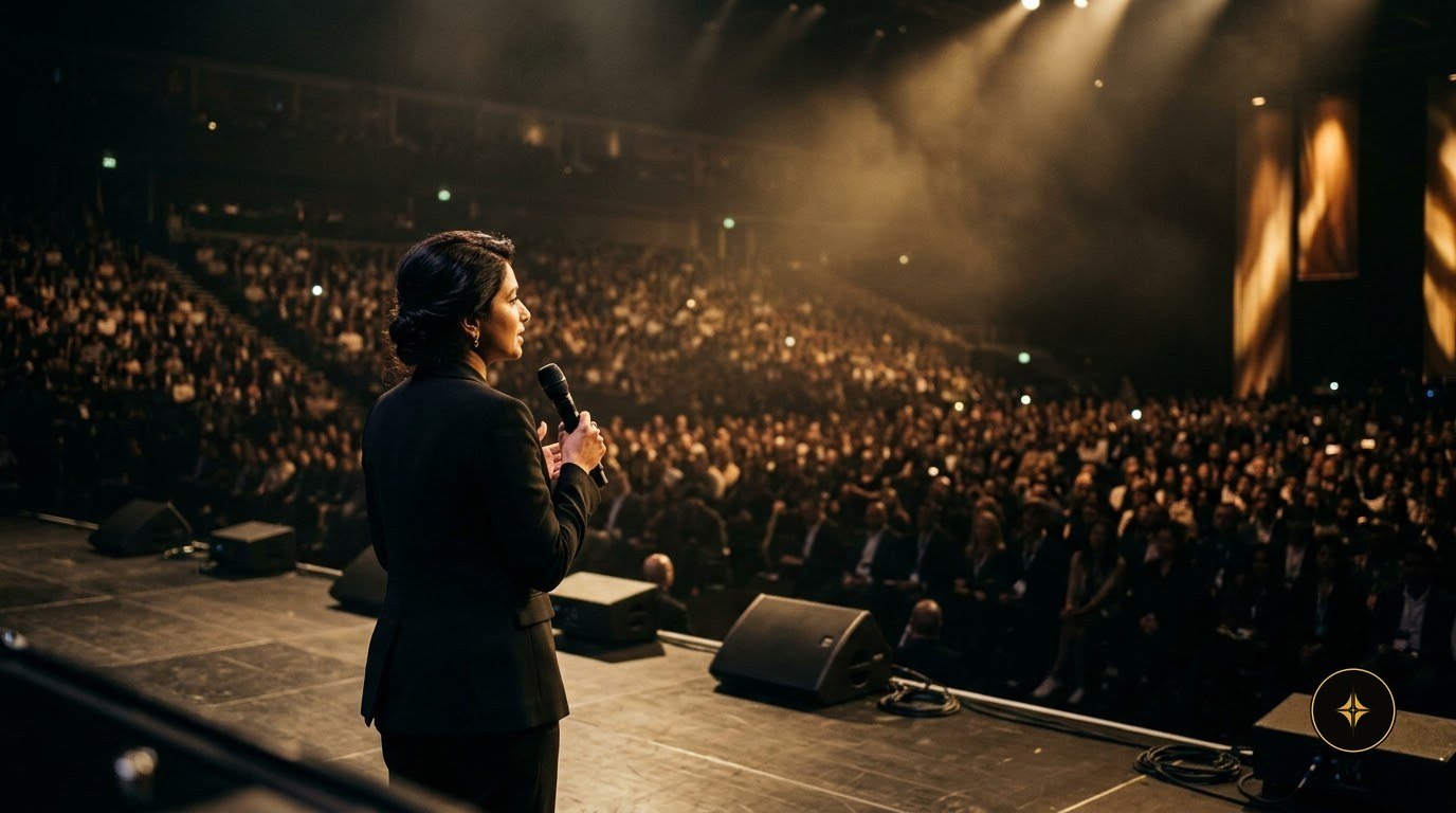 A speaker on stage facing a packed hall