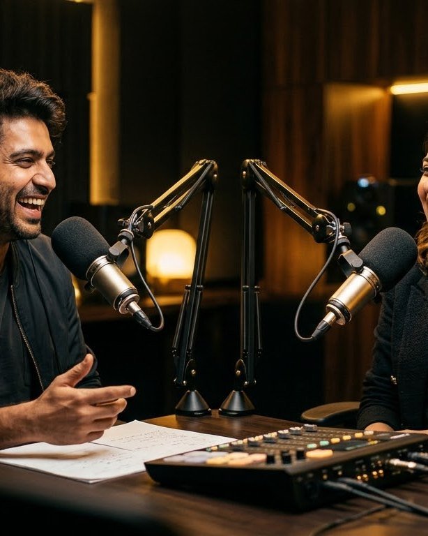 Two creators laughing while recording a podcast