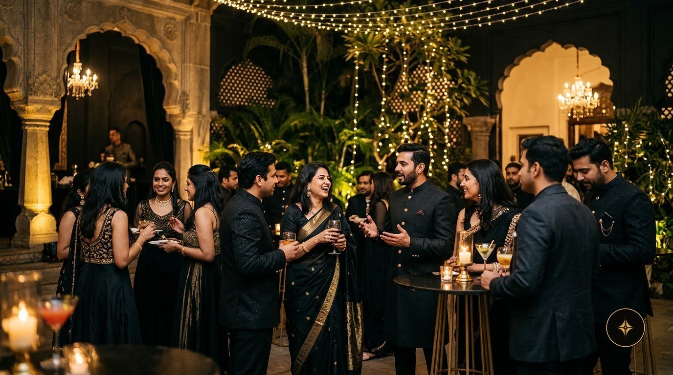 An evening reception under string lights