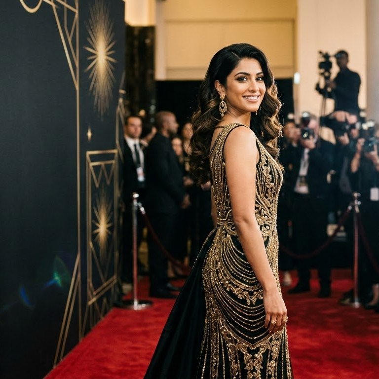 A creator in a gold gown on the red carpet, photographers behind her