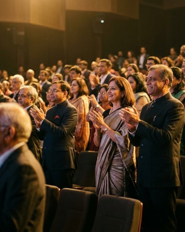 An audience on its feet, applauding