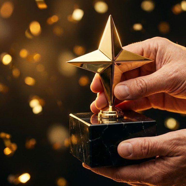 Hands holding the gold star trophy