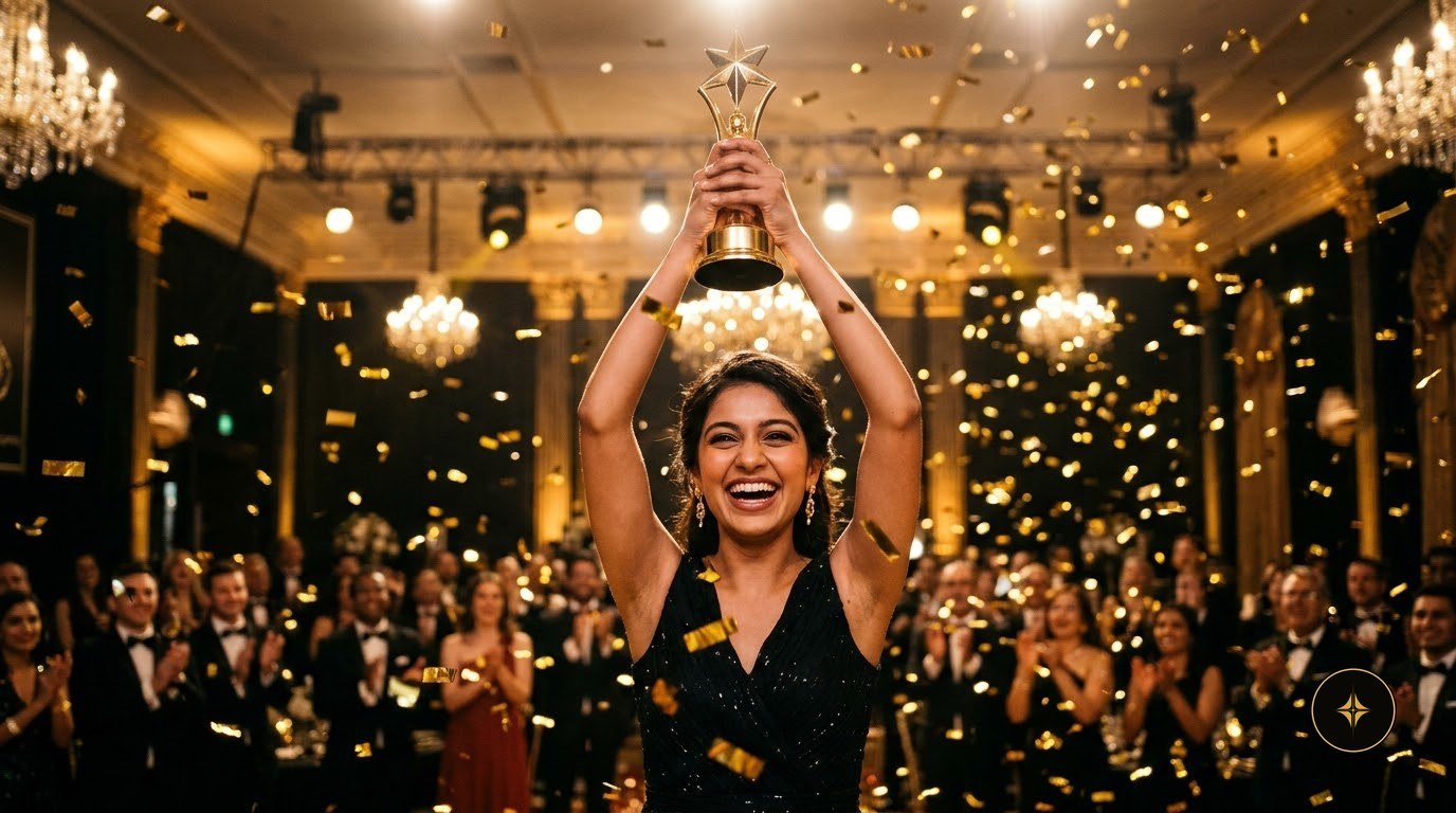 A winner lifting the star trophy in confetti
